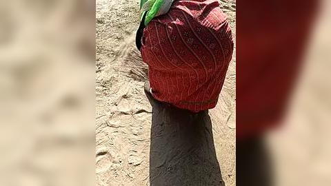 Media: A video shows a person's lower body, wearing a red and green-patterned sari, standing on a textured, sandy surface. The background is blurred, emphasizing the subject.