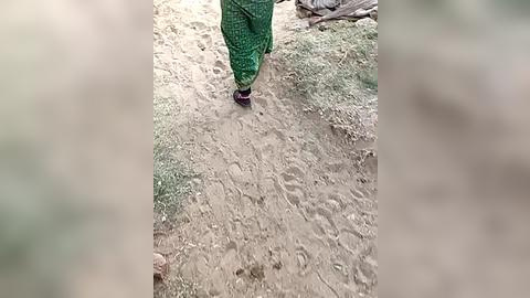 Media: A video captures a person in green pants walking on a dirt path, surrounded by grass and rocks, with blurred background.