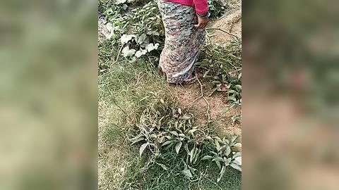 Media: Video of a person in camouflage pants, standing on a patch of green grass, surrounded by scattered leaves and twigs, possibly in a forested area.