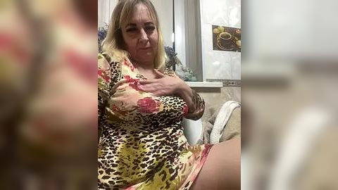 Media: Video of a plus-sized woman with blonde hair, wearing a leopard-print dress, sitting on a beige couch, holding her chest, in a home setting with floral curtains and a coffee cup.