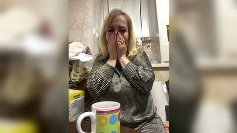 Media: Video of a blonde woman, hands covering her face, wearing a striped sweater, sitting at a cluttered kitchen table with a colorful mug and scattered papers.