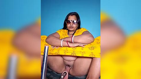 Media: Video of a curvy, middle-aged South Asian woman with medium skin tone, wearing sunglasses, a yellow crop top, and green shorts, with her legs spread, revealing her genitals, against a blue sky and blurred yellow flowers.