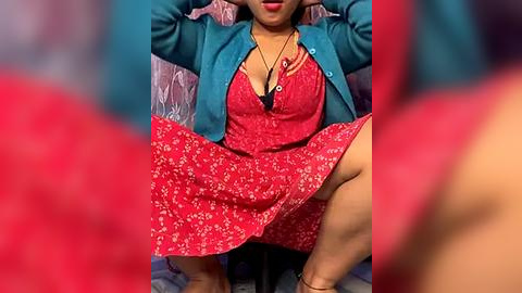 Media: Video of a woman with medium skin tone, wearing a red floral dress, turquoise cardigan, and black bra, squatting with legs spread, posing provocatively against a blurred, pink background.