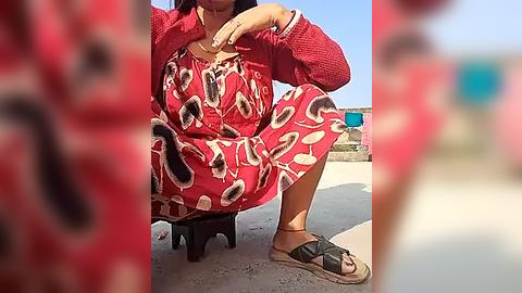 Media: Video of a woman with medium skin tone wearing a red dress with a leopard print pattern, squatting on a stool. She has black hair and wears black sandals. Background shows a blurred outdoor setting with a blue sky.