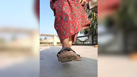 Media: Video of a person in a red dress with floral patterns walking on a paved outdoor area, blurred background with trees and a fence.