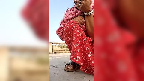 Media: Video of a person crouching in a red floral-patterned sari on a concrete pavement, with a blurred figure in the foreground wearing a red garment.