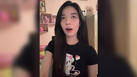 Media: Video of an Asian woman with long black hair, wearing a black T-shirt with a pink cat design, sitting in a room with pink decorations and stuffed animals.