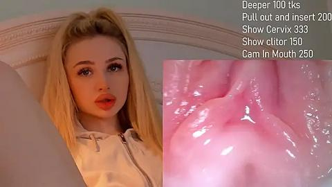 Media: Video of a blonde woman with fair skin, wearing a beige hoodie, with close-up of her oral cavity showing pinkish tissue. Text overlay with statistics.