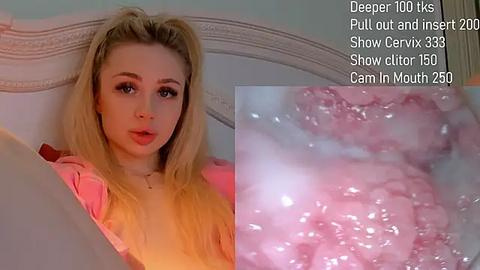 Media: Video of a young blonde woman with fair skin, wearing a pink shirt, and showing a pink, glistening, close-up of her cervix. Text overlays indicate depth and size.