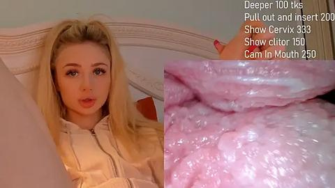 Media: A video juxtaposes a blonde woman in a beige jacket against a close-up of pink, textured cervix tissue, labeled as \"Deeper100ks Pull Out and Insert\" and \"Shaw Cervix 35, Show clit 150, Cam In Mouth 250.\