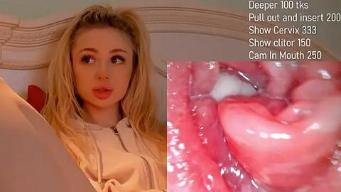 Media: Video of a blonde woman in a beige jacket, looking surprised, with a close-up of a pink, wet mouth and tongue.