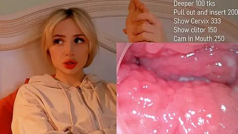 Media: Video of a young woman with short blonde hair, wearing a beige hoodie, looking shocked, with a close-up of a pink, moist, and detailed vagina on the right.