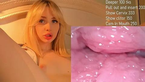 Media: A video shows a blonde woman with fair skin and medium breasts, partially nude, in a dimly lit, beige room. Text overlay indicates she is camming in mouth, with deep throat and insert.