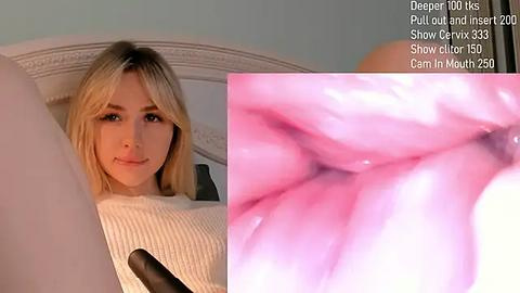 Media: A video juxtaposes a close-up of a young woman's lips with a close-up of a vagina. The woman has light skin, blonde hair, and is wearing a white top. The vaginal close-up shows pink, fleshy tissue.