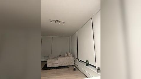 Media: Video of a modern, minimalist bedroom with light wooden floors, beige walls, a large white couch, and white blinds covering the windows.