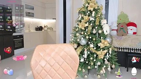 Media: Video of a modern kitchen with a Christmas tree adorned in gold and white decorations, a plush reindeer, and a black and white dog toy.