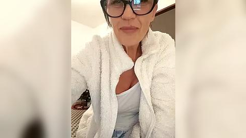 Media: A video of a middle-aged, fair-skinned woman with short black hair and large glasses, wearing a fluffy white bathrobe over a white tank top. She's smiling, standing in a tiled bathroom.