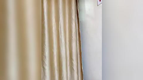 Media: Video of a beige curtain with subtle wrinkles and folds, partially covering a plain white wall. The curtain's texture is smooth and shiny, reflecting light. The background wall is clean and unadorned.