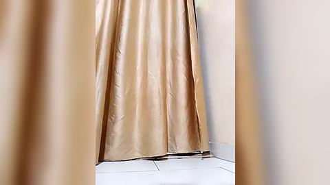 Media: Video of a closed beige curtain partially obscuring a white tiled floor, with a slightly blurred beige wall in the foreground. The setting appears to be a simple, clean indoor space.