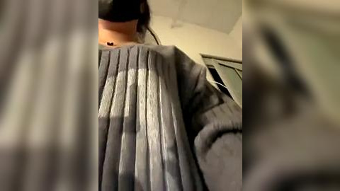 Media: Video of a person wearing a grey, striped sweater, with a black mask covering their face, standing indoors against a blurred, neutral-colored background.