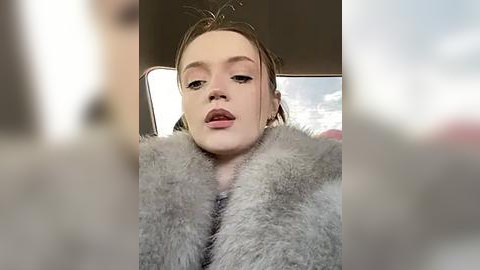 Media: Video of a young woman with pale skin and straight brown hair, wearing a grey fur coat, sitting in a car. Background is blurred, showing a cloudy sky and car window.