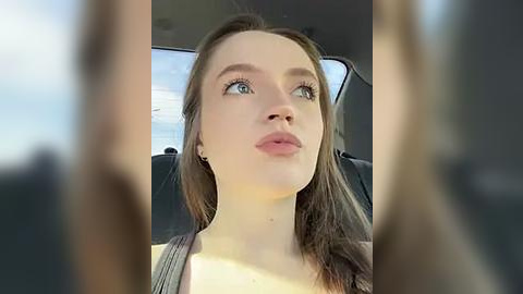 Media: Video of a young woman with fair skin and long brown hair, wearing a grey top, looking out the car window with a contemplative expression.