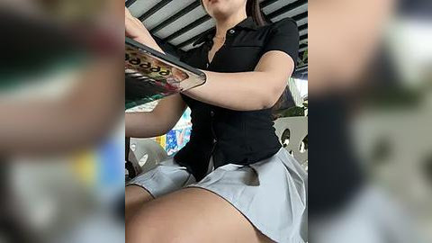 Media: Video of a woman with light skin, wearing a black short-sleeved top and a white skirt, reading a magazine on a white plastic chair under a striped awning.