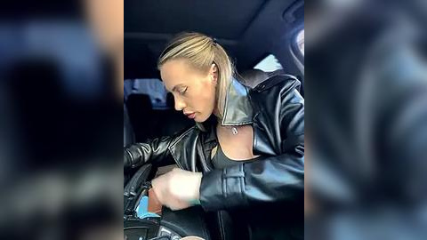 Media: Video of a blonde woman with fair skin and a slender physique, wearing a black leather jacket and sunglasses, focused on adjusting her seatbelt in a dimly lit car.