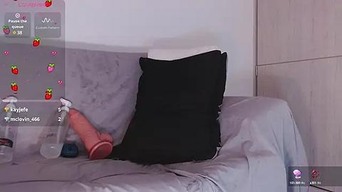 Media: A video of a grey couch with a black cushion, a large pink dildo, and a glass of water on a side table, with a smartphone displaying a virtual chat interface on the left.