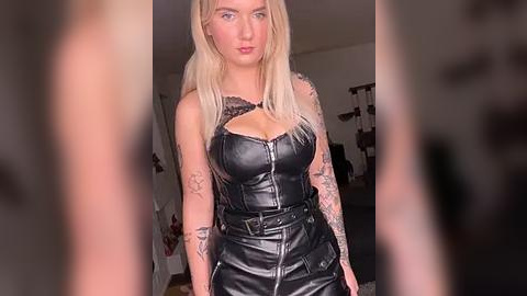 Media: Video of a blonde woman with tattoos in a black leather corset dress, standing in a dimly lit room.