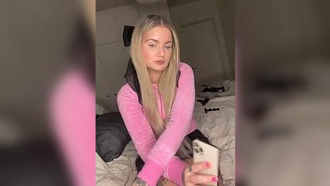 Media: Video of a young blonde woman in a pink sweater, sitting on a bed with rumpled white sheets, holding a phone, in a dimly lit room.