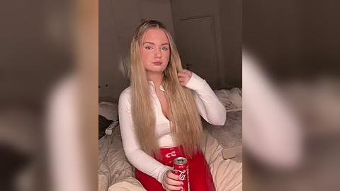 Media: Video of a young Caucasian woman with long blonde hair, wearing a white long-sleeve top and red high-waisted pants, sitting on a bed in a dimly lit room.