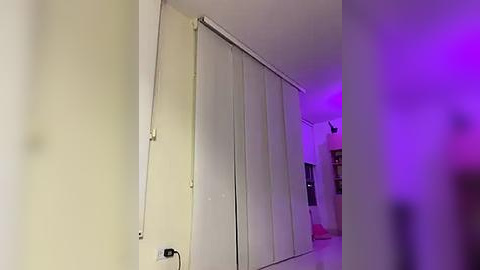 Media: Video of a dimly lit, narrow hallway with white sliding doors, a white electrical outlet, and purple lighting on the right wall. The background shows a blurred, partially visible living area.