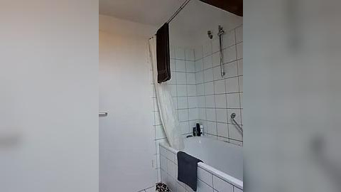 Media: A video of a minimalist, modern bathroom featuring a white bathtub with a black towel, white tiles, and a wooden shelf. The shower curtain is white with a brown trim.