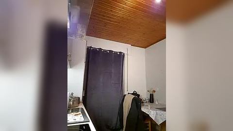 Media: Video of a cozy, dimly lit kitchen with a wooden ceiling, dark curtains, a black chair, a white table with a floral tablecloth, and kitchen utensils on a countertop.