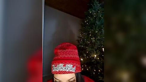 Media: A video of a person wearing a red knit beanie with \"North Pole\" in white letters, standing in a dimly lit room with a decorated Christmas tree to the right.