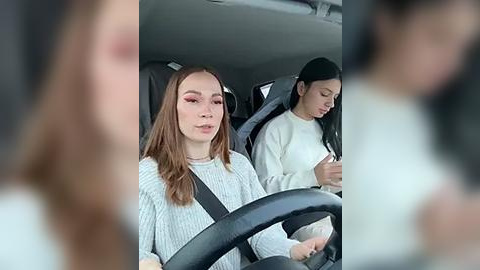 Media: Video of two young women, one with long brown hair, wearing a gray sweater, driving a car, while the other, with long black hair, reads a book in the passenger seat.