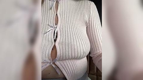 Media: Video of a woman's upper body in a white, ribbed, long-sleeved sweater with a keyhole cutout and pink ribbon bow. Her fair skin is partially visible, and the background is blurred.