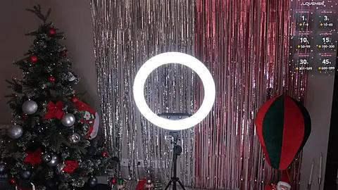 Media: Video of a Christmas tree with red and silver decorations, a silver tinsel backdrop, and a bright ring light.