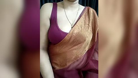 Media: Video of a woman wearing a purple sleeveless top and a draped maroon and gold sari with a sheer border, against a dark background.