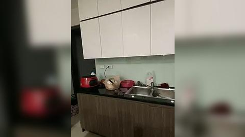 Media: Video of a modern kitchen with white cabinets, a red kettle, and a stainless steel sink on a dark countertop. The background features a light green backsplash and a partially visible red appliance.