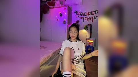 Media: Video of an Asian woman in a white sports jersey and shorts, sitting on a bed in a dimly lit room with purple and pink lights, with a Christmas tree and \"Merry Christmas\" sign in the background.