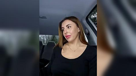 Media: A video captures a smiling, light-skinned woman with long, straight brown hair, wearing a black top, seated in a car. The background features a blurred, dark interior and a glimpse of trees outside.