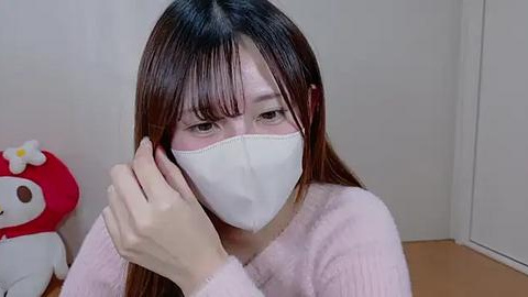 Media: Video of a young East Asian woman with long brown hair, wearing a white mask, a pink sweater, and a stuffed animal.