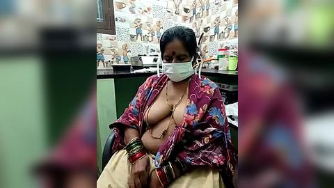 Media: A video of a woman with a large belly, wearing a red floral blouse, gold jewelry, and a white mask, sitting in a doctor's office with tiled walls and medical equipment in the background.