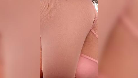 Media: Close-up video of a woman's pale, smooth thigh in sheer pink pantyhose, partially obscured by another person's hand. The background is blurred and indistinct.