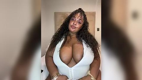 Media: Video of a curvy Black woman with large breasts, wearing a low-cut white top, smiling. Background features a beige wall and a white door.