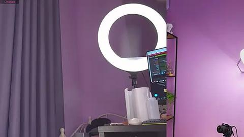 Media: Video of a modern, minimalist room with a large, round, white light ring on the wall, purple walls, a desk with a computer, papers, and a plant.