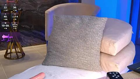 Media: Video of a beige armchair with a textured gray throw pillow. Background shows a dark marble wall with a purple toy horse and a blue light.