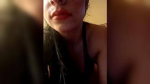 Media: A video shows a close-up of a woman with fair skin, dark hair, and red lipstick, wearing a black top. Her face is partially covered by another person's hand. The background is blurred, creating a sense of intimacy and mystery.